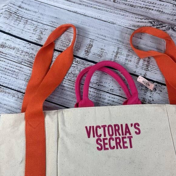 Victoria's Secret Tote Beach Bag Pink Orange Canvas Large Carryall Shoulder - Picture 3 of 8